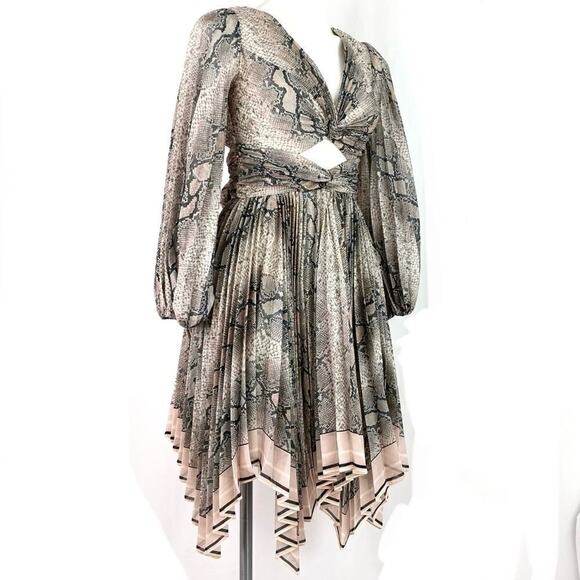 ZIMMERMANN CUTOUT PLEATED LONG SLEEVE MINI DRESS IN PINK & NEUTRAL SIZE US 4 - Picture 3 of 12
